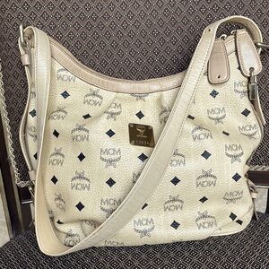 MCM BEIGE VISETOS COATED LOGO CANVAS & LEATHER HOBO SHOULDER OR CROSSBODY BAG